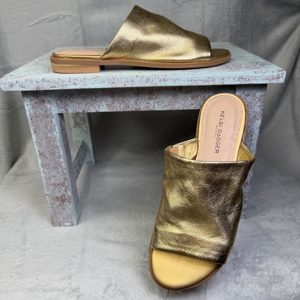 Kelsi Dagger Brooklyn Ruthi Slides Women 7.5 Gold Metallic Leather Flat Sandals